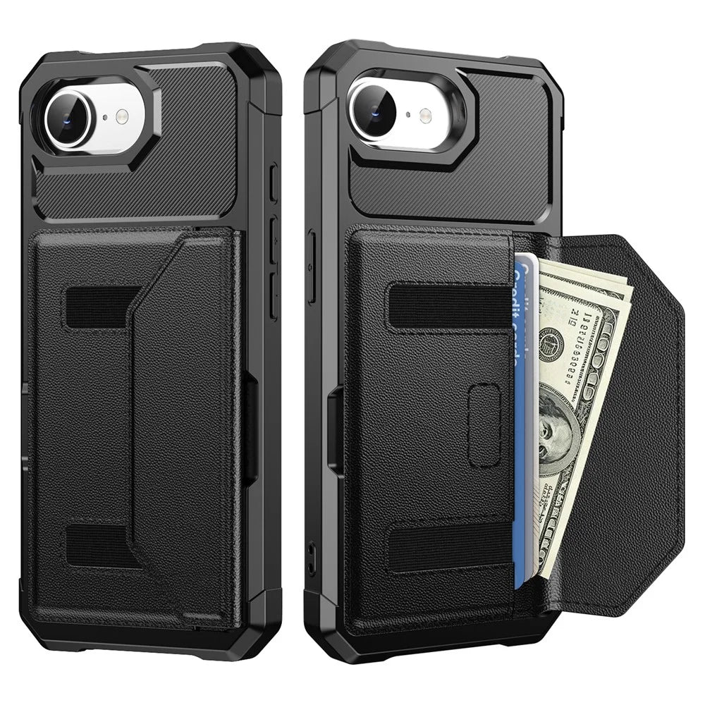 For iPhone 17e  /  16e Case Card Holder Leather + TPU Anti-drop Phone Cover - Black - 1