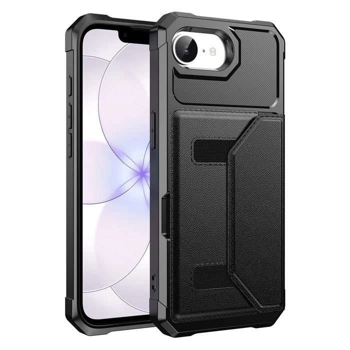 For iPhone 17e  /  16e Case Card Holder Leather + TPU Anti-drop Phone Cover - Black - 2