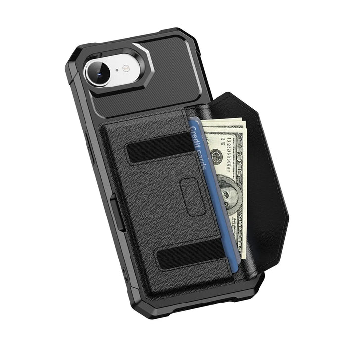 For iPhone 17e  /  16e Case Card Holder Leather + TPU Anti-drop Phone Cover - Black - 3