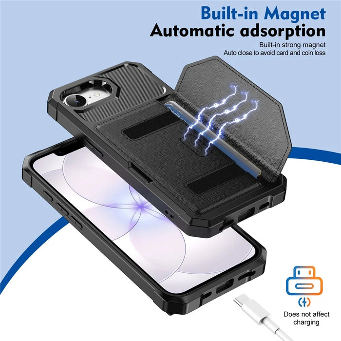 For iPhone 17e  /  16e Case Card Holder Leather + TPU Anti-drop Phone Cover - Black - 4