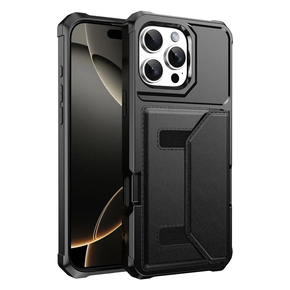 For iPhone 16 Pro Max Case Card Holder Leather + TPU Anti-drop Phone Cover - Black - 2