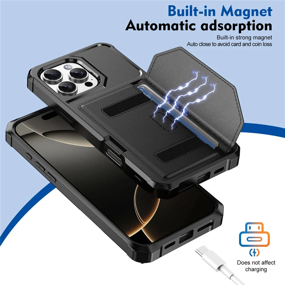 For iPhone 16 Pro Max Case Card Holder Leather + TPU Anti-drop Phone Cover - Black - 4