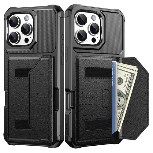 For iPhone 16 Pro Case Card Holder Leather + TPU Anti-drop Phone Cover - Black - 1