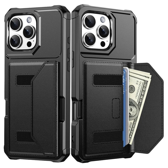 For iPhone 16 Pro Case Card Holder Leather + TPU Anti-drop Phone Cover - Black - 1