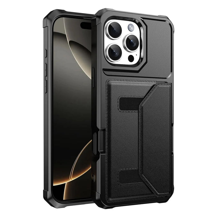 For iPhone 16 Pro Case Card Holder Leather + TPU Anti-drop Phone Cover - Black - 2