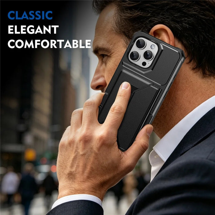 For iPhone 16 Pro Case Card Holder Leather + TPU Anti-drop Phone Cover - Black - 6