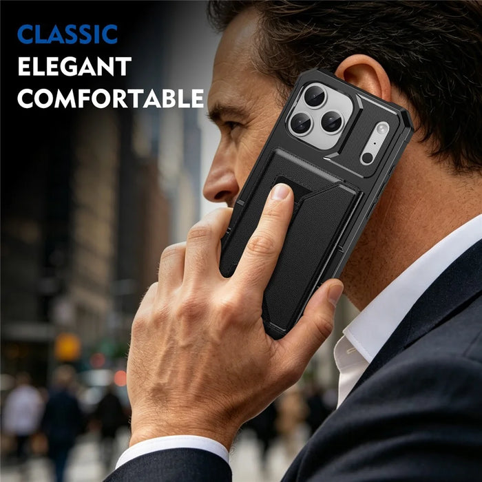 For iPhone 17 Pro Case Card Holder Leather + TPU Anti-drop Phone Cover - Black - 6