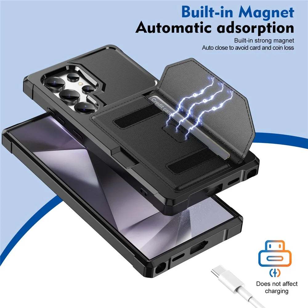 For Samsung Galaxy S24 Ultra Case Card Holder Leather + TPU Anti-drop Phone Cover - Black - 4