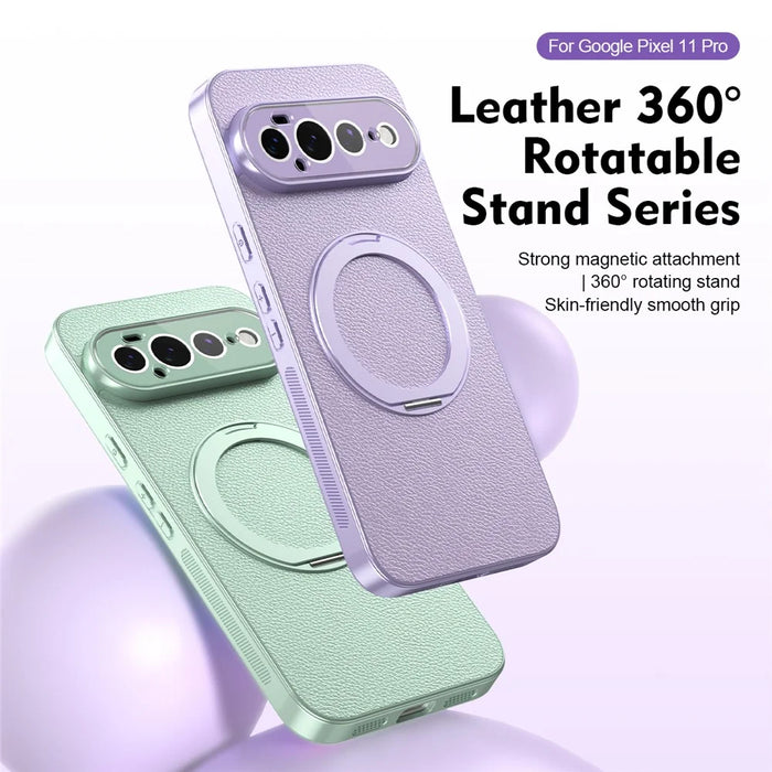 For Google Pixel 11 Pro Case Rotating Magnetic Kickstand Leather Anti-Slip Back Cover with Tempered Glass Screen Protector - Purple - 2