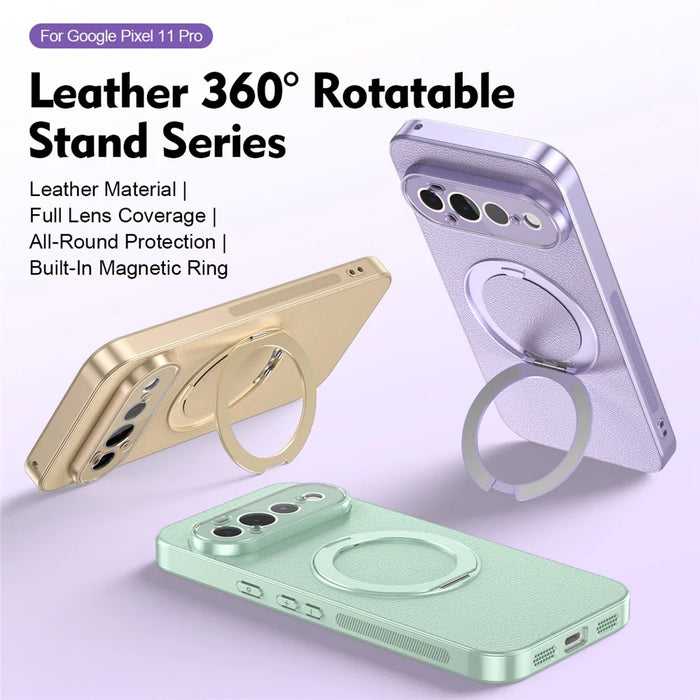 For Google Pixel 11 Pro Case Rotating Magnetic Kickstand Leather Anti-Slip Back Cover with Tempered Glass Screen Protector - Purple - 6