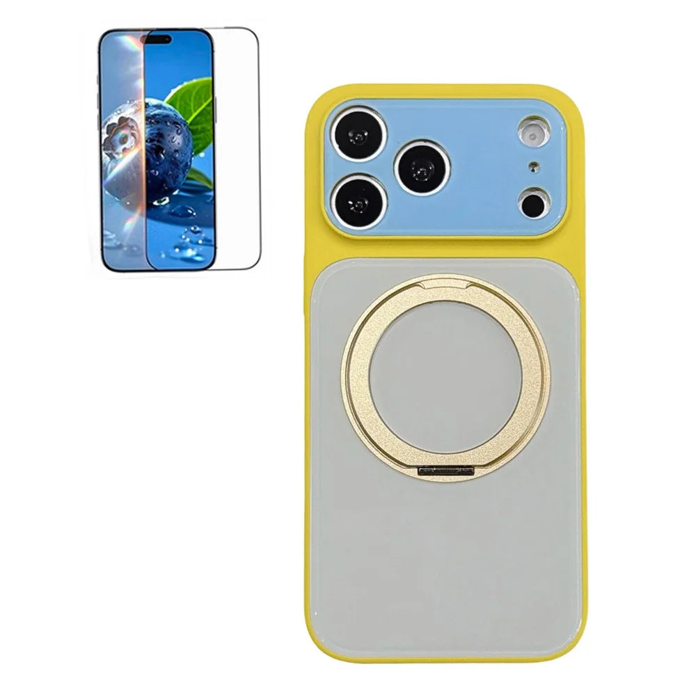 For iPhone 17 Pro Case Rotating Magnetic Kickstand Acrylic + TPU Color Blocking Phone Cover with Tempered Glass Screen Protector - Yellow+White - 1