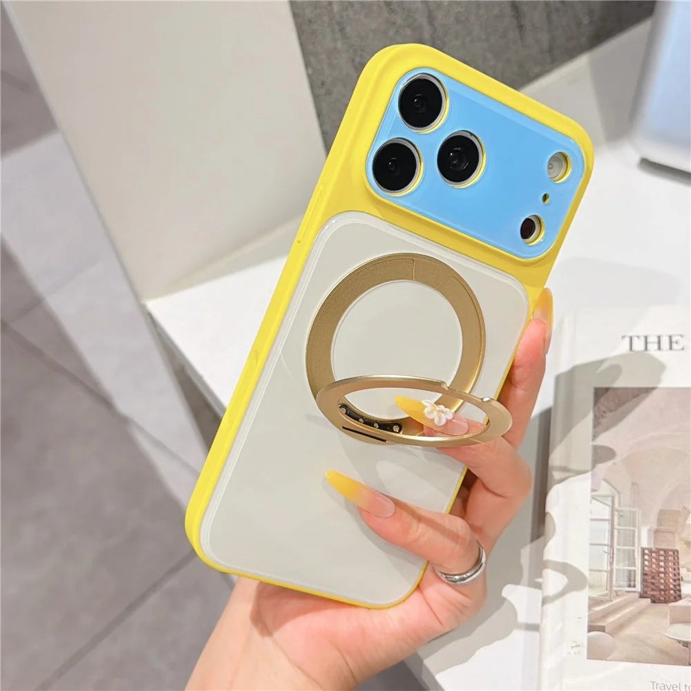 For iPhone 17 Pro Case Rotating Magnetic Kickstand Acrylic + TPU Color Blocking Phone Cover with Tempered Glass Screen Protector - Yellow+White - 2