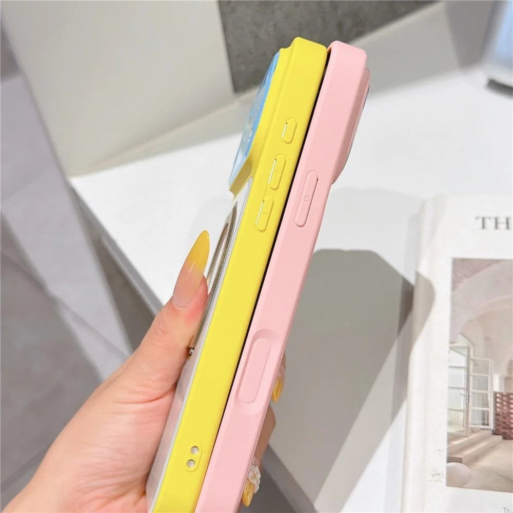 For iPhone 17 Pro Case Rotating Magnetic Kickstand Acrylic + TPU Color Blocking Phone Cover with Tempered Glass Screen Protector - Yellow+White - 4