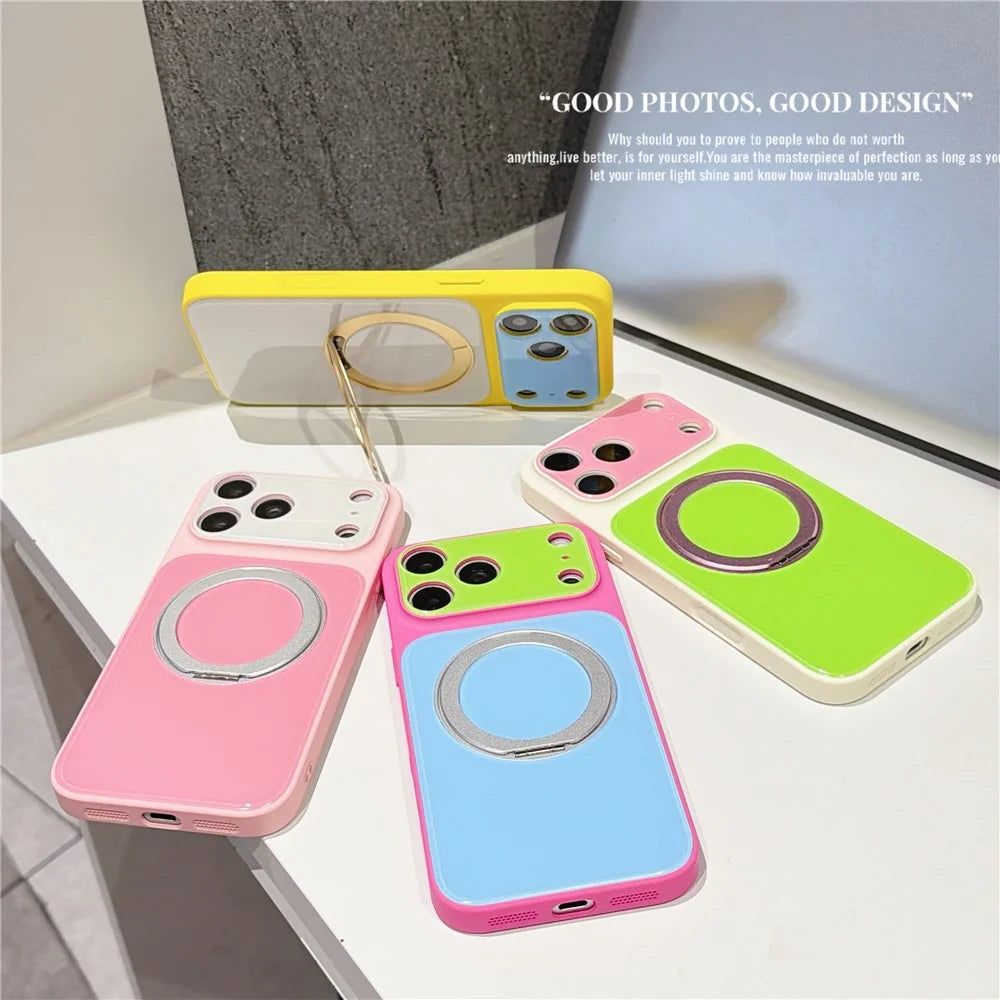 For iPhone 17 Pro Case Rotating Magnetic Kickstand Acrylic + TPU Color Blocking Phone Cover with Tempered Glass Screen Protector - Yellow+White - 5