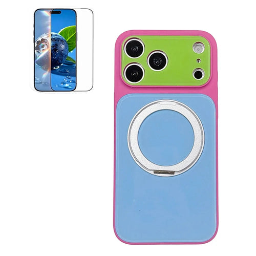 For iPhone 17 Pro Max Case Rotating Magnetic Kickstand Acrylic + TPU Color Blocking Phone Cover with Tempered Glass Screen Protector - Rose+Blue - 1