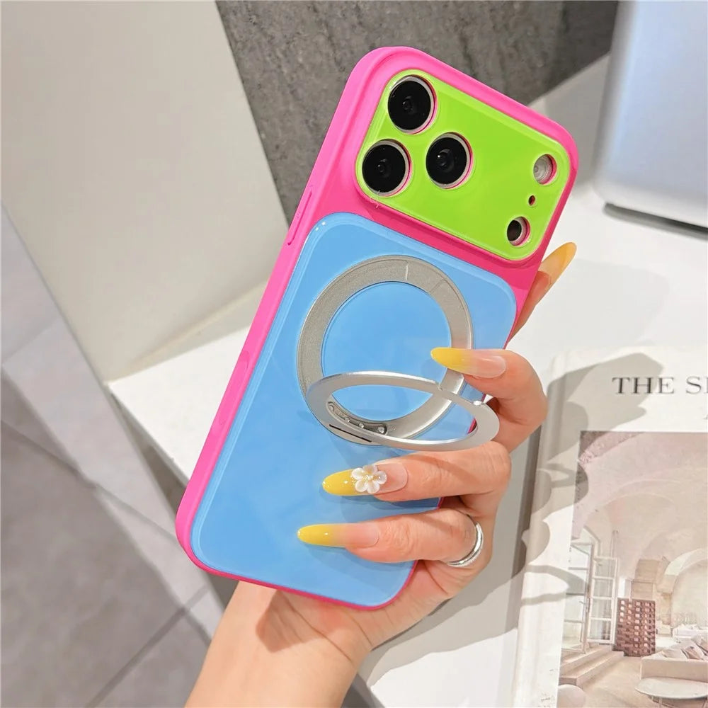 For iPhone 17 Pro Max Case Rotating Magnetic Kickstand Acrylic + TPU Color Blocking Phone Cover with Tempered Glass Screen Protector - Rose+Blue - 2