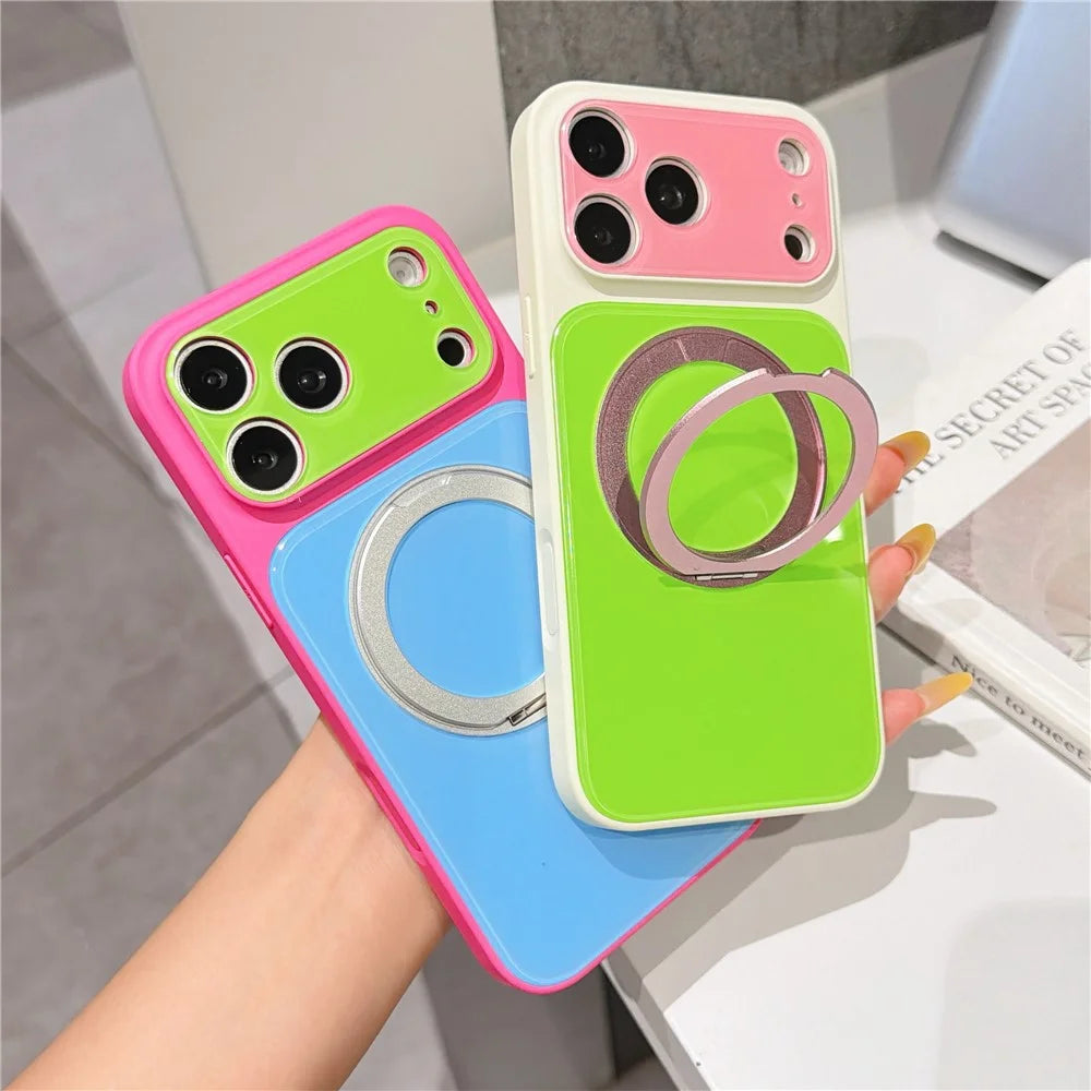 For iPhone 17 Pro Max Case Rotating Magnetic Kickstand Acrylic + TPU Color Blocking Phone Cover with Tempered Glass Screen Protector - Rose+Blue - 3