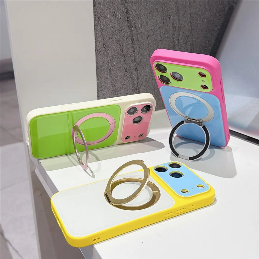 For iPhone 17 Pro Max Case Rotating Magnetic Kickstand Acrylic + TPU Color Blocking Phone Cover with Tempered Glass Screen Protector - Rose+Blue - 4