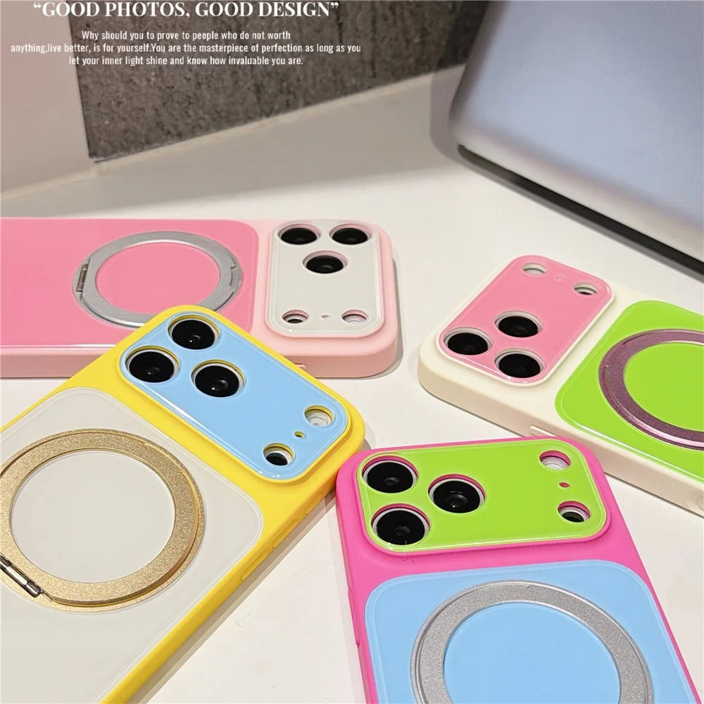 For iPhone 17 Pro Max Case Rotating Magnetic Kickstand Acrylic + TPU Color Blocking Phone Cover with Tempered Glass Screen Protector - Rose+Blue - 5