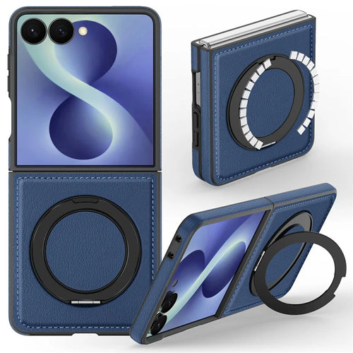 For Samsung Galaxy Z Flip8 Magnetic Case with Ring Kickstand PU Leather Back Cover - Sapphire - 1