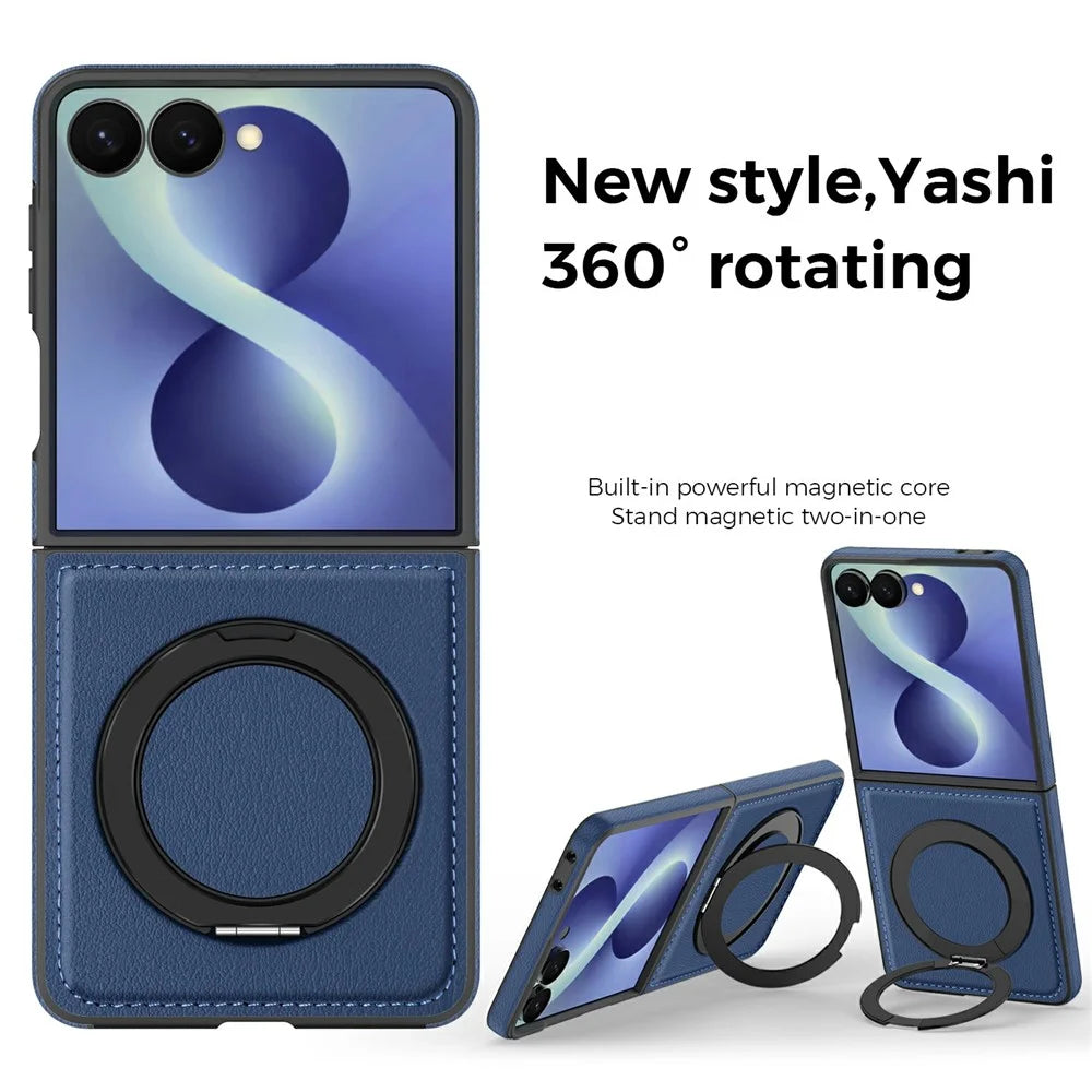 For Samsung Galaxy Z Flip8 Magnetic Case with Ring Kickstand PU Leather Back Cover - Sapphire - 3