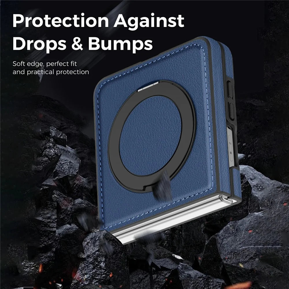 For Samsung Galaxy Z Flip8 Magnetic Case with Ring Kickstand PU Leather Back Cover - Sapphire - 4