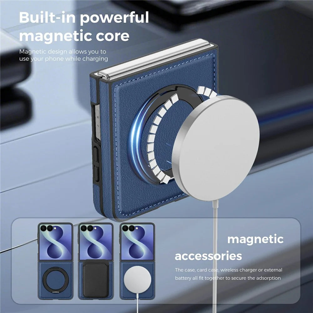 For Samsung Galaxy Z Flip8 Magnetic Case with Ring Kickstand PU Leather Back Cover - Sapphire - 7