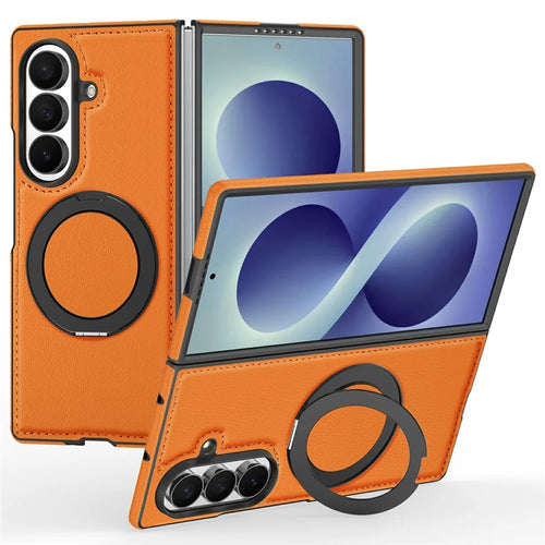 For Samsung Galaxy Z Fold8 Ultra Magnetic Case with Ring Kickstand PU Leather Back Cover - Orange - 1