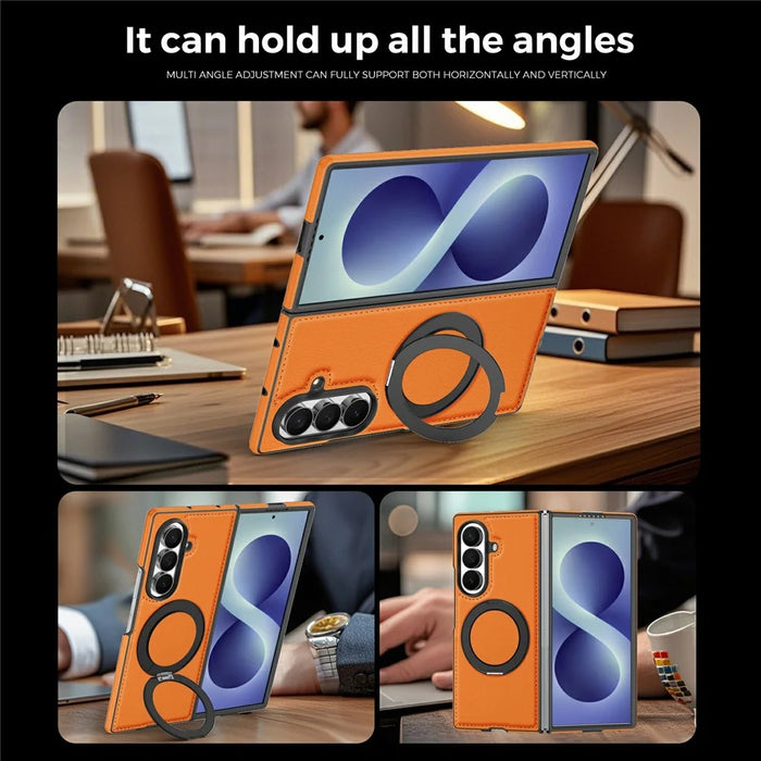 For Samsung Galaxy Z Fold8 Ultra Magnetic Case with Ring Kickstand PU Leather Back Cover - Orange - 5