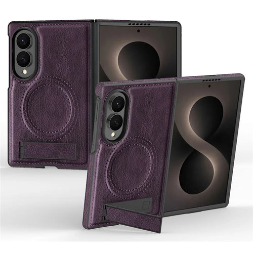 For Samsung Galaxy Z Fold8 Magnetic Case Kickstand PC Silicone Leather Phone Back Cover - Dark Purple - 1