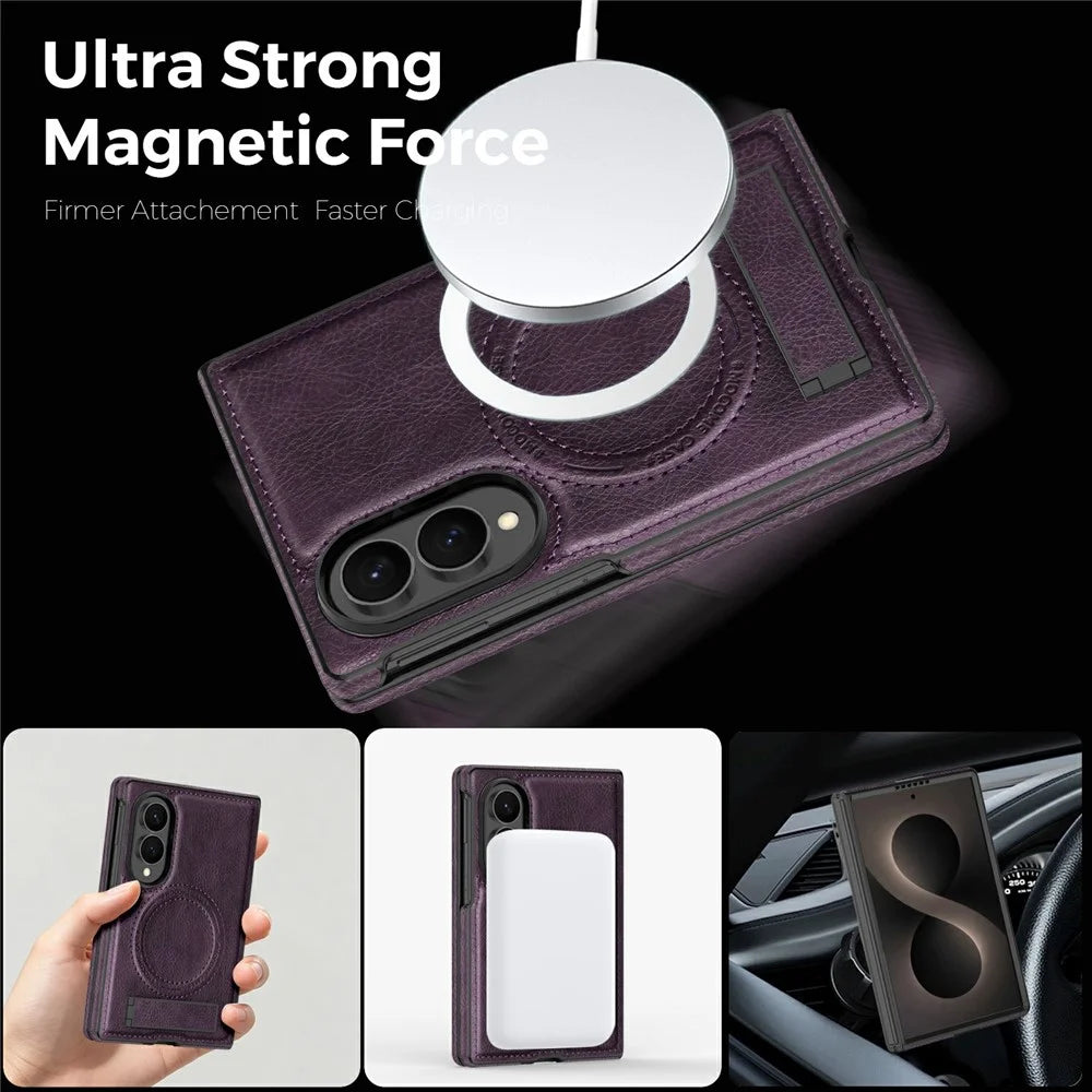 For Samsung Galaxy Z Fold8 Magnetic Case Kickstand PC Silicone Leather Phone Back Cover - Dark Purple - 3
