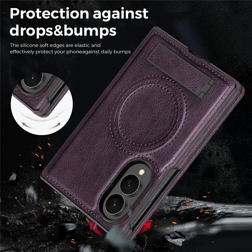 For Samsung Galaxy Z Fold8 Magnetic Case Kickstand PC Silicone Leather Phone Back Cover - Dark Purple - 5