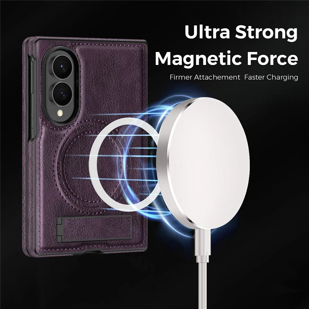 For Samsung Galaxy Z Fold8 Magnetic Case Kickstand PC Silicone Leather Phone Back Cover - Dark Purple - 6