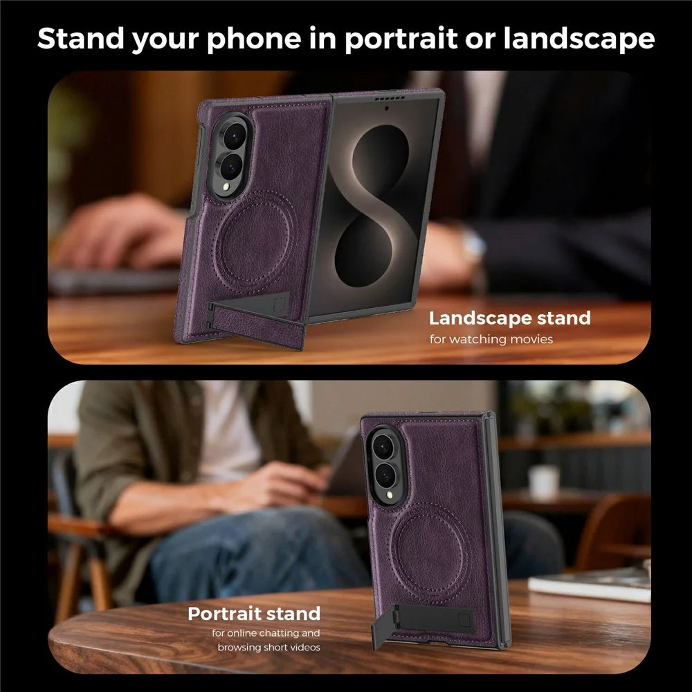 For Samsung Galaxy Z Fold8 Magnetic Case Kickstand PC Silicone Leather Phone Back Cover - Dark Purple - 7