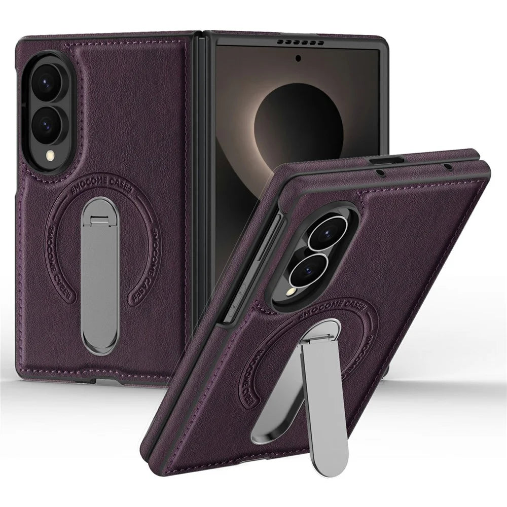 For Samsung Galaxy Z Fold8 Magnetic Case Rotating Kickstand Leather Coated PC Phone Cover - Dark Purple - 1