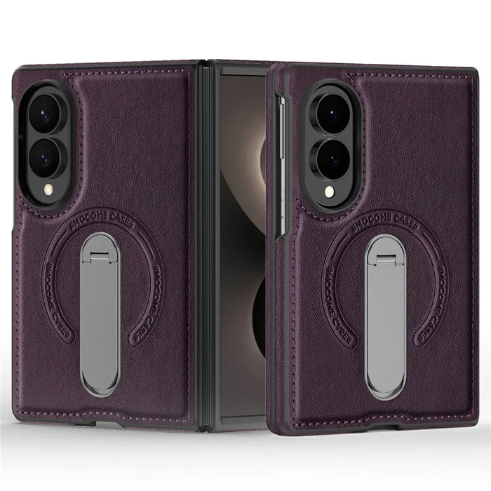 For Samsung Galaxy Z Fold8 Magnetic Case Rotating Kickstand Leather Coated PC Phone Cover - Dark Purple - 2
