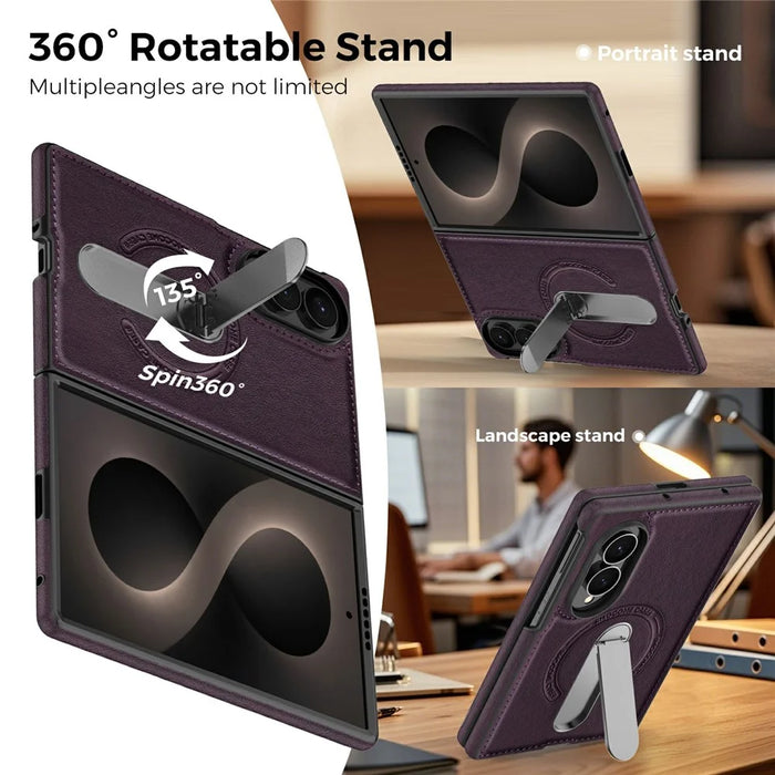 For Samsung Galaxy Z Fold8 Magnetic Case Rotating Kickstand Leather Coated PC Phone Cover - Dark Purple - 5