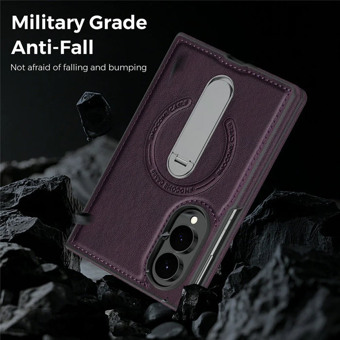For Samsung Galaxy Z Fold8 Magnetic Case Rotating Kickstand Leather Coated PC Phone Cover - Dark Purple - 6