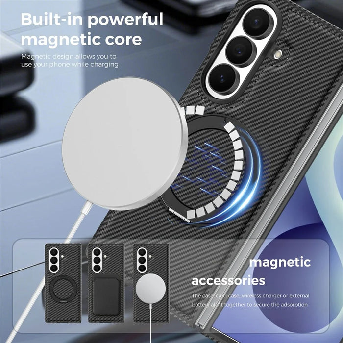 For Samsung Galaxy Z Fold8 Ultra Magnetic Case Carbon Fiber Texture PU + TPU Kickstand Phone Cover - Black - 6