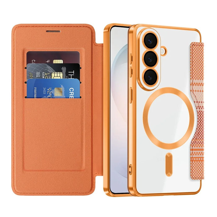 For Samsung Galaxy S26 Magnetic Case RFID Blocking Card Slots Leather Cover - Orange - 2