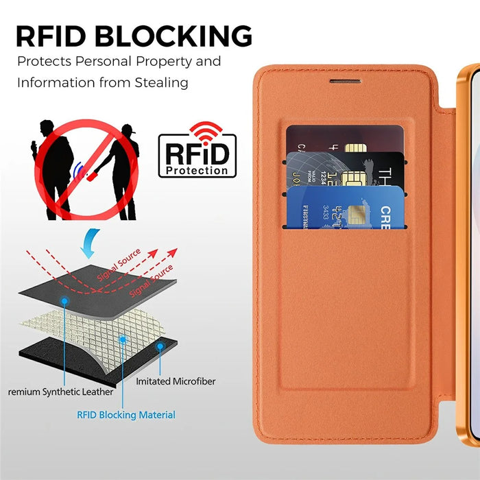 For Samsung Galaxy S26 Magnetic Case RFID Blocking Card Slots Leather Cover - Orange - 4
