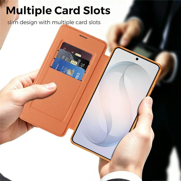For Samsung Galaxy S26 Magnetic Case RFID Blocking Card Slots Leather Cover - Orange - 7