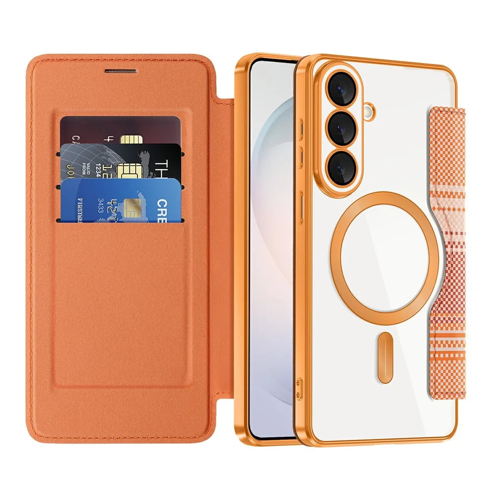 For Samsung Galaxy S26+ Magnetic Case RFID Blocking Card Slots Leather Cover - Orange - 2