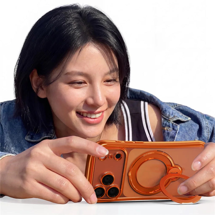 For iPhone 17 Pro Case Rotating Magnetic Kickstand Shockproof TPU Electroplating Phone Cover - Orange - 3