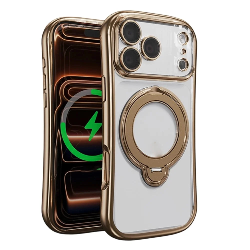 For iPhone 17 Pro Max Case Rotating Magnetic Kickstand Shockproof TPU Electroplating Phone Cover - Gold - 1