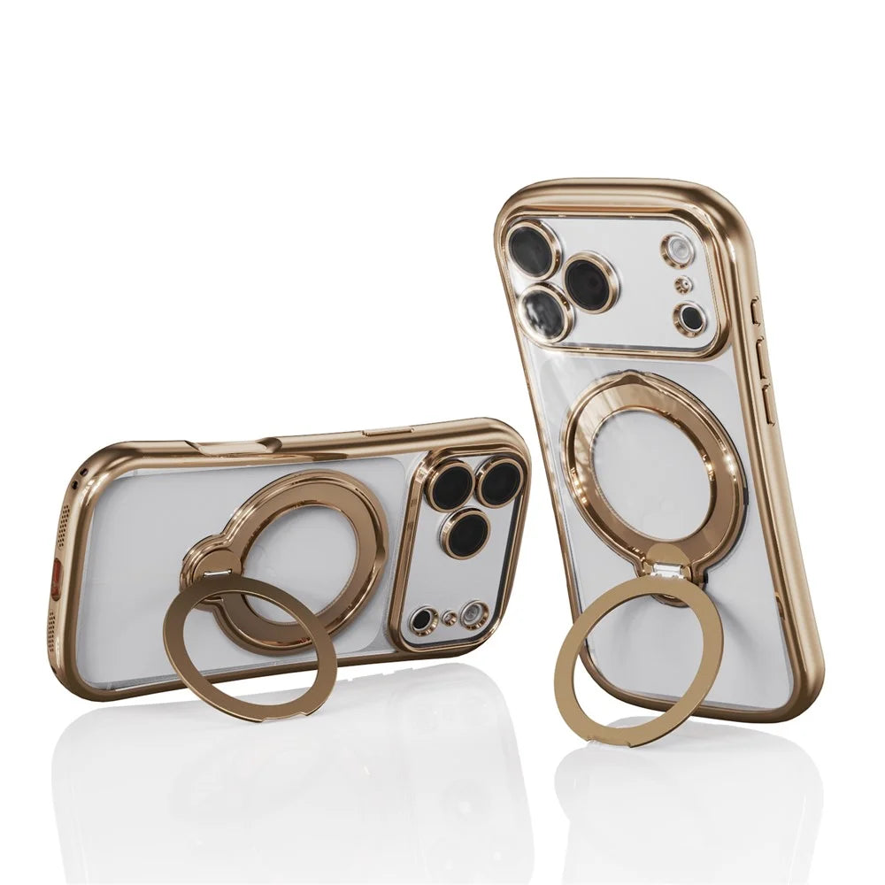 For iPhone 17 Pro Max Case Rotating Magnetic Kickstand Shockproof TPU Electroplating Phone Cover - Gold - 2