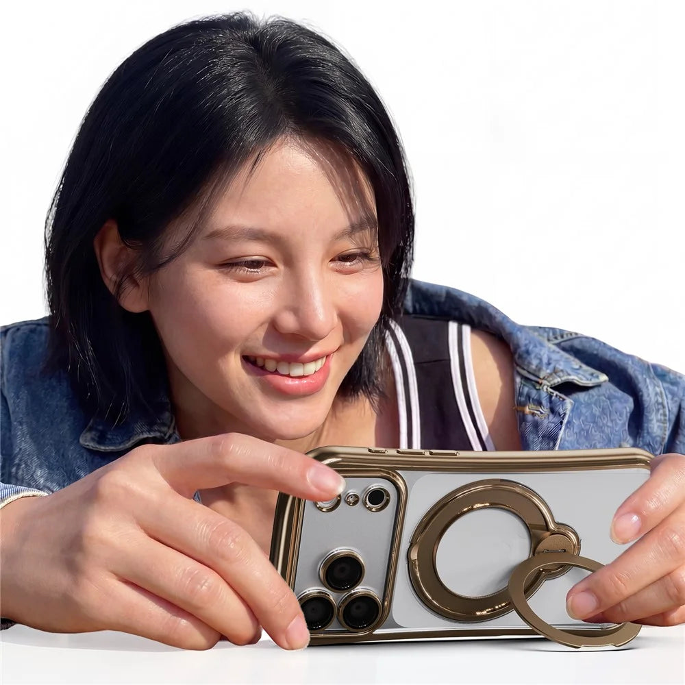 For iPhone 17 Pro Max Case Rotating Magnetic Kickstand Shockproof TPU Electroplating Phone Cover - Gold - 3
