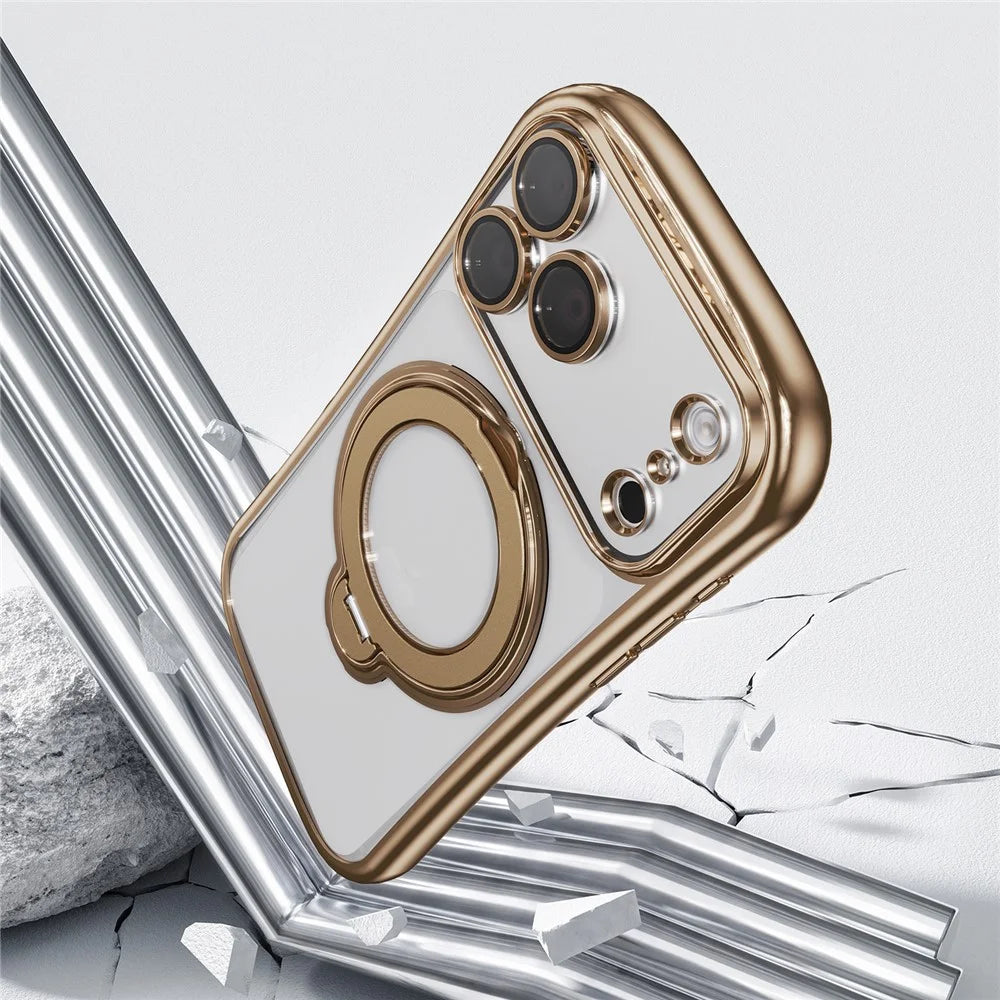 For iPhone 17 Pro Max Case Rotating Magnetic Kickstand Shockproof TPU Electroplating Phone Cover - Gold - 4