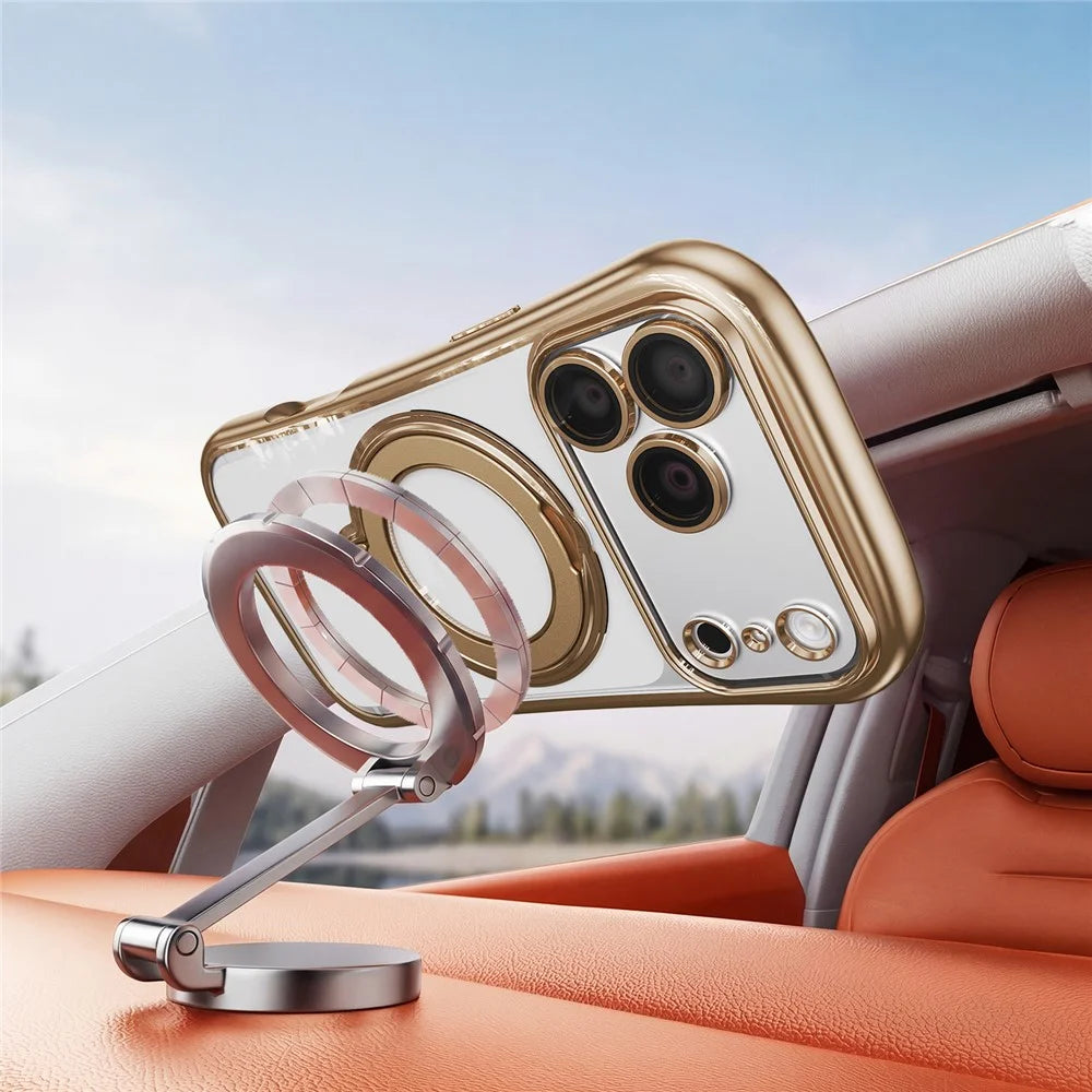 For iPhone 17 Pro Max Case Rotating Magnetic Kickstand Shockproof TPU Electroplating Phone Cover - Gold - 5