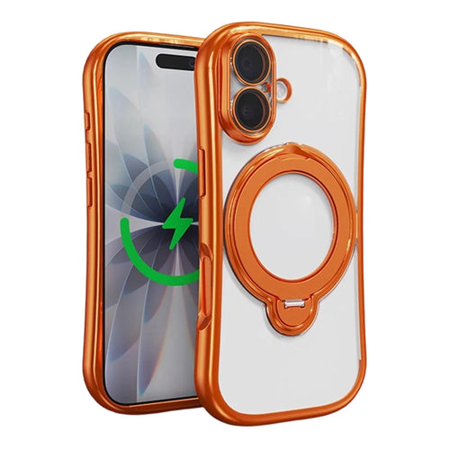 For iPhone 17 Case Rotating Magnetic Kickstand Shockproof TPU Electroplating Phone Cover - Orange - 1